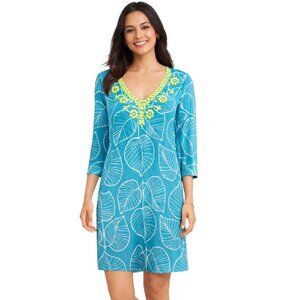 Boden Freya Teal Leaf Print Dress Size 8